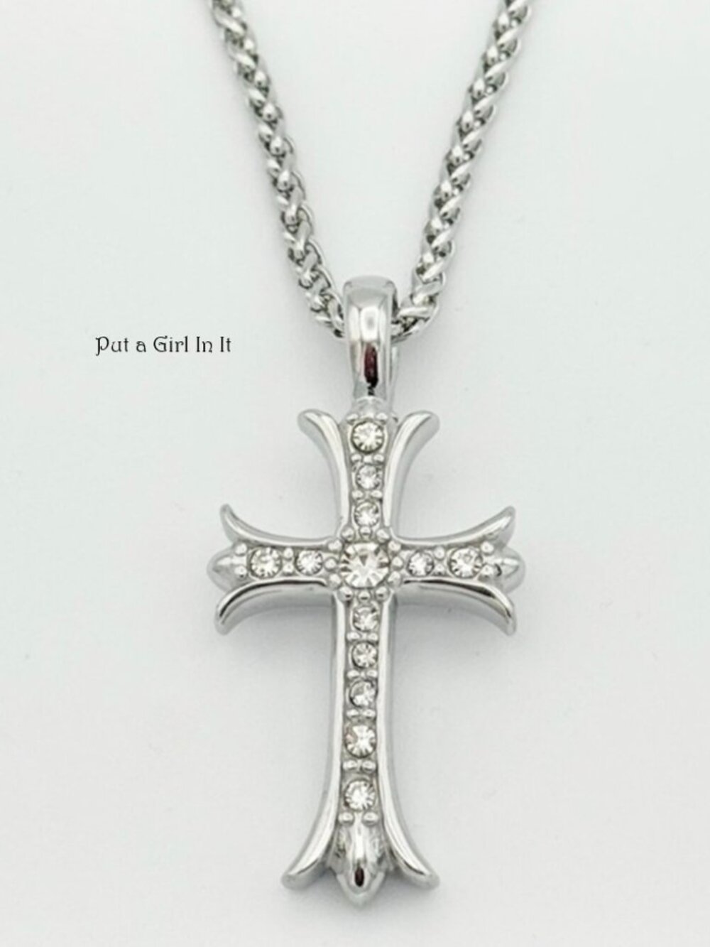 Beautiful Crystal Cross Western Silver Stainless Steel Chain Pendant Necklace